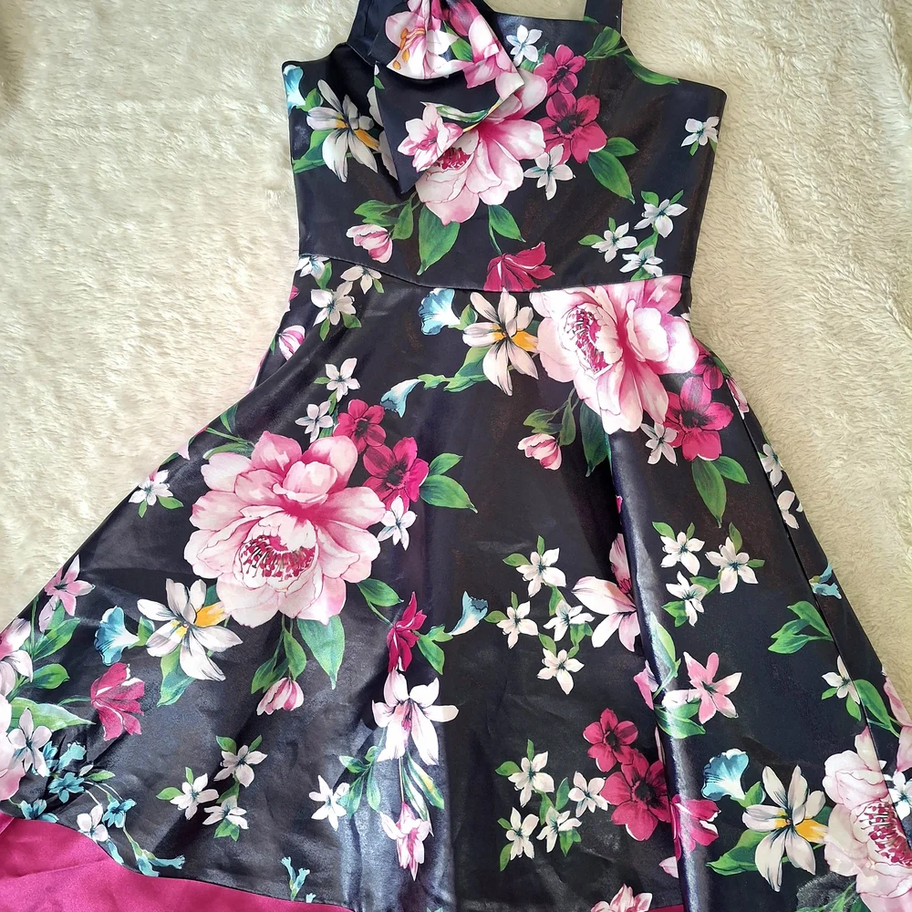 Floral High-Low Party Dress for Girls - Black & Pink - Picture 3 of 8
